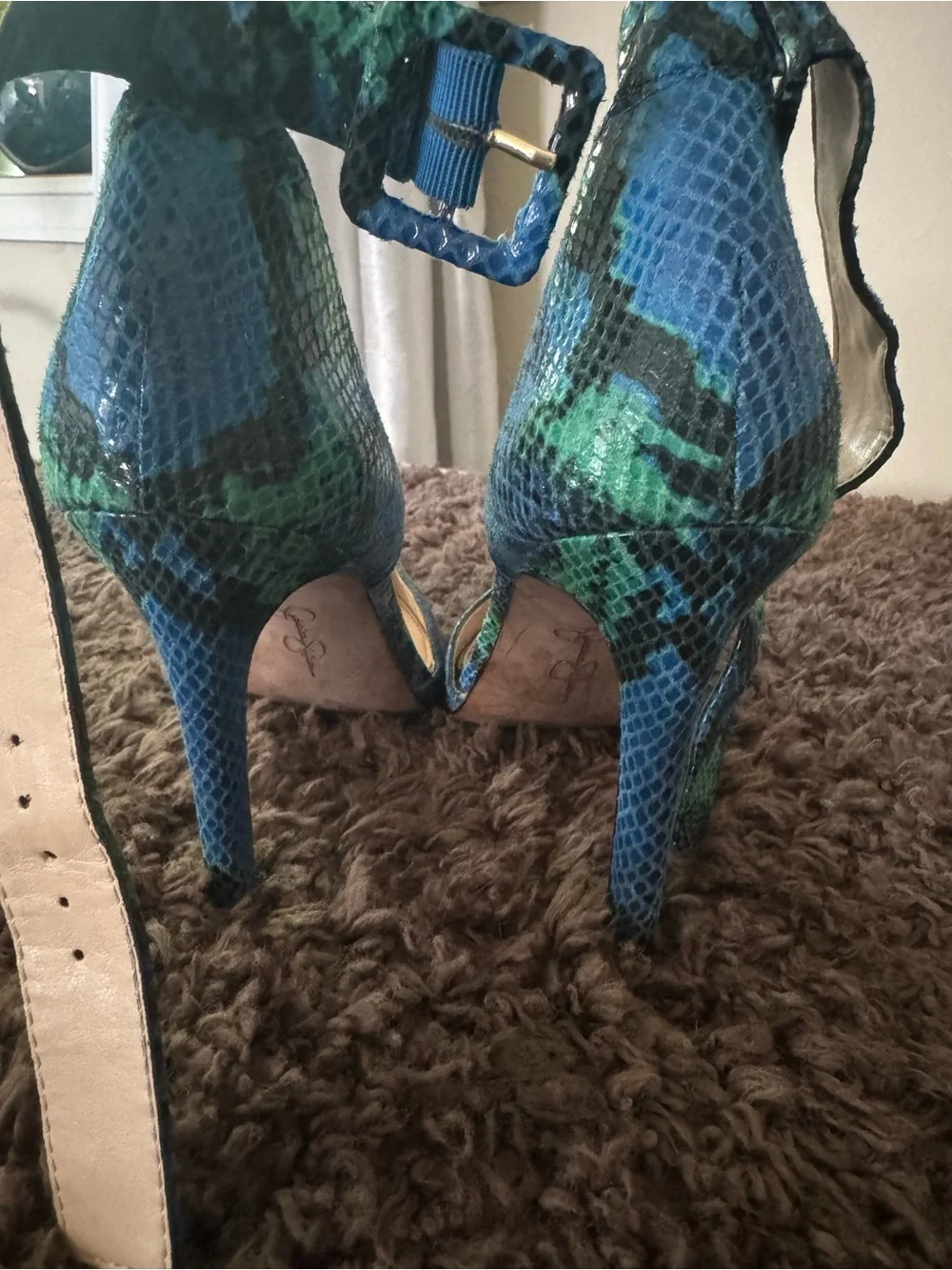 Jessica Simpson Blue and Green Snake-Print Pointed-Toe Ankle-Strap Heels
